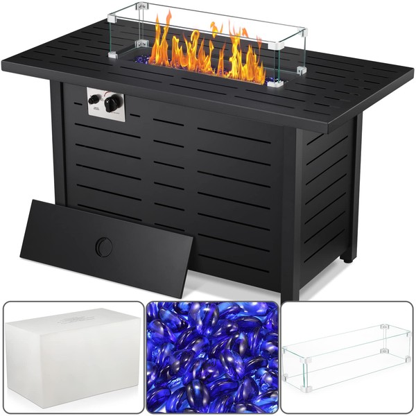 Xbeauty Fire Pit Propane Gas FirePit Table 43" Outdoor Fire Pit Rectangular Tabletop with Lid, Rain Cover, Tempered Glass Wind Guard for Outside Garden Backyard Deck Patio (Square)