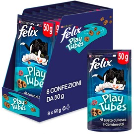 FELIX Play Tubes Snack per Gatti Adulti con Pesce e Gamberetti 8 Confezioni da 50g