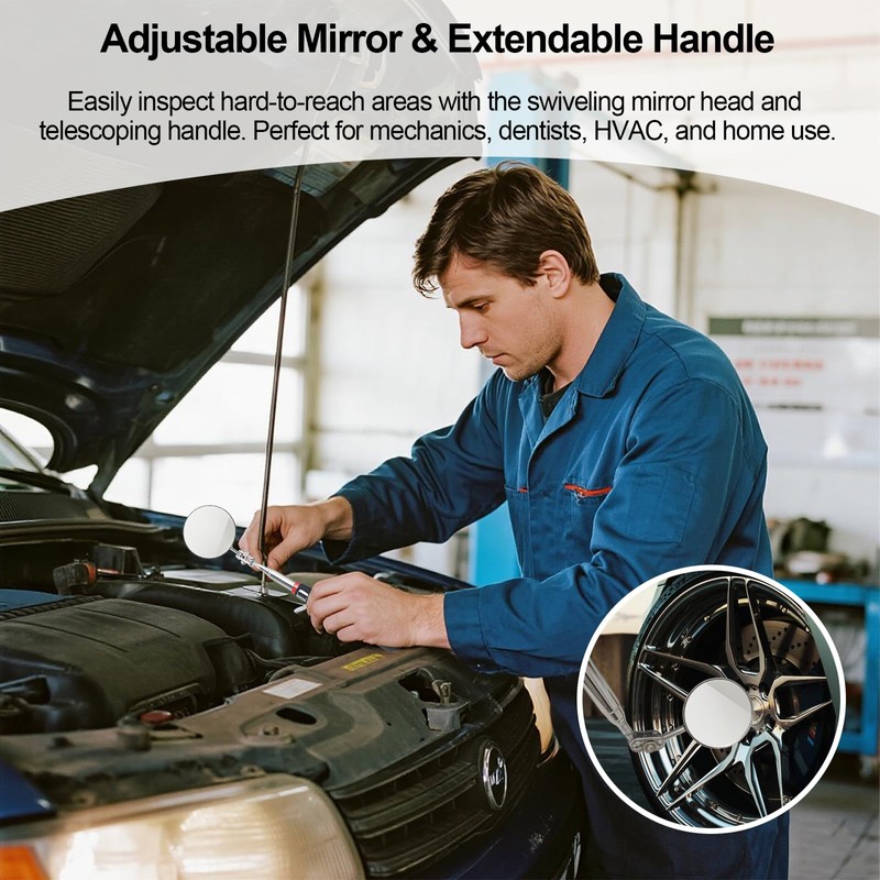 Telescoping Inspection Mirror with Rotating Head,Extendable Mechanic Mirror with Long