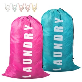 2 Pack Upgrade Extra Large Travel Laundry Bag with Drawstring, Durable Rip-Stop Dirty Clothes Shoulder Bag for Travel, Bathroom Home or Dormitory (Blue Pink)