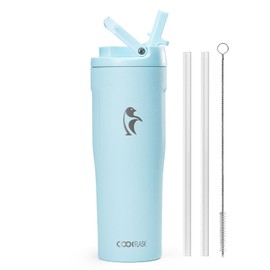 Coolflask Water Bottle 32 oz Fits Car Cup Holder, Slim Tumbler Stainless Steel with Straw & Handle, Vacuum Flask Leakproof Wide Mouth for Travel Sports Gym, Blue