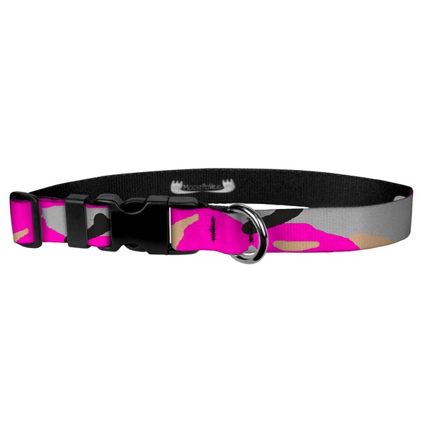 Moose Pet Wear Camo Dog Collar - Camouflage Waterproof Dog Collar, Made in the USA - 1 Inch Adjusts 11.5 - 17.5 Inches, Medium,Pink Camo