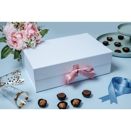 PAPER GENIUS Luxury Gift Box-14x9.5x4.5 inches-with 2 Satin Ribbons | Matte Textured Finish Box for Weddings Christmas-Bridal and Baby Shower Gifts | Pearl