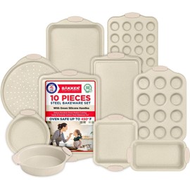 BAKKENMASTER 10-Piece Nonstick Bakeware Set – Heavy-Duty Carbon Steel Pans with White Silicone Handles, White Marble Coating, Oven Safe to 450°F, PFOA/PFOS/PTFE-Free, Dishwasher Safe