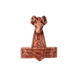 Windalf Mjölnar Handmade Wall Decoration 25 cm Viking Thor's Hammer with Aries Head Wood