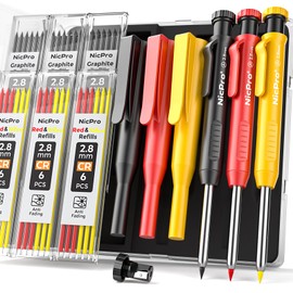 Nicpro 3 Pack Carpenter Pencil with Sharpener & Holder, Mechanical Carpenter Pencils with 39 Refills (Red, Black, Yellow), Heavy Duty Construction Pencils Woodworking Pencils for Contractor, Architect