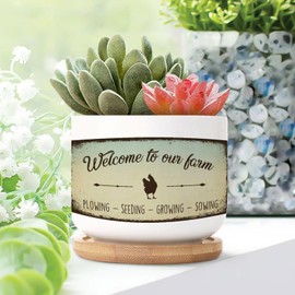 DecStic Welcome to Our Farm Planter Ceramic Bible Verse Round Plant Pots with Drainage Holes and Bamboo Tray Pot for Indoor Outdoor Garden