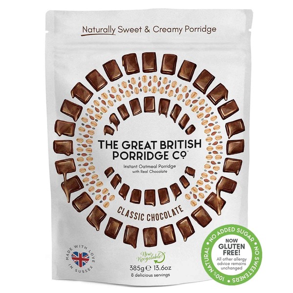 Classic Chocolate Gluten-Free Instant Oatmeal Porridge from The Great British Porridge Co - Naturally Sweet & Creamy Porridge Oats - 385g Pouch - 100% Natural, No Added Sugar, Plant Based, High Fibre