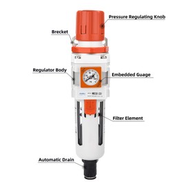 NANPU 3/8" NPT Embedded Gauge Compressed Air Filter/Regulator Piggyback Combo, Auto Drain, 5 Brass Micron Element, Poly Bowl, Metal Bracket