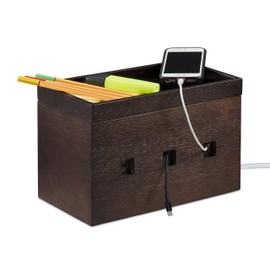 Relaxdays Bamboo Cable Box, Hide Power Strip & Cables, Cable Management Desk, HBT 16.5 x 25.5 x 14 cm, Brown