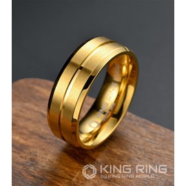 King Ring 8mm Flat Lines Gold Ring – Ultra Polished Mens Ring with Two Matt Lines Stainless Steel Wedding Band K18 – Gold 9