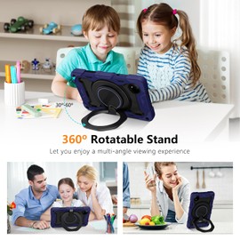 ROISKIN for Redmi Pad SE 8.7 inch Case 2024 with HD Screen Protector & Pencil Holder,Heavy Duty Shockproof Military Redmi Pad SE 8.7 Case,Shoulder Strap & Rotating Stand Case for Kids-Navy Blue