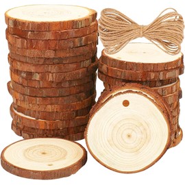 BetterJonny 30Pcs Wooden Discs, 6-7cm Round Log Kit With Hole - Unfinished Circles With Twine Raw Craft Wood for DIY, Crafts, Wedding, Christmas Decoration