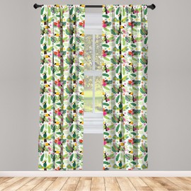 Ambesonne Cortinas de ventana de loro, isla tropical con flora y pájaros de fauna, tucán con hojas verdes, paneles decorativos ligeros, juego de 2 con bolsillo para barra, 56 x 95 pulgadas, rosa y amarillo