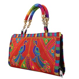 Craft Trade Peacock Red Clutch Purse for Women Rajasthani Hand Embroidered Mini Hand Bag Women's Cluches for Wedding Party Gifts