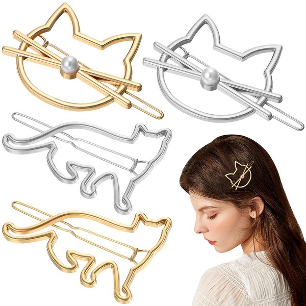 Frcolor Women Hair Clips, 4Pack Metal Novelty Pearl Cat Shaped Hair Clips Barrettes for Party and Casual