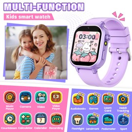 Vakzovy Kids Waterproof Smart Watch Girls Gift Age 3-12 with 39 Game HD Touch Screen Video Camera Music Player Pedometer Alarm Clock Birthday Gift for 6 7 8 9 Year Olds Purple