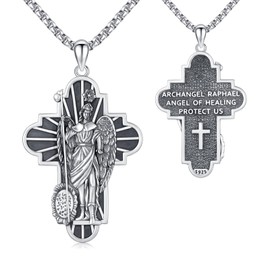 TwoAnts St Raphael Necklace 925 Sterling Silver Saint Raphael the Archangel Pendant Necklace St Raphael Cross Medal Necklace Medallion Catholic Jewelry Gifts for Athletes Men Women