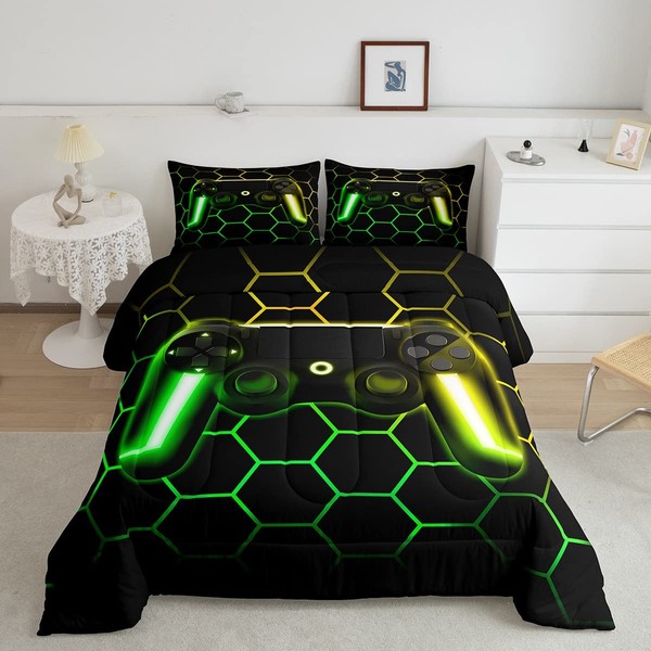 Erosebridal Gaming Bedding Sets for Boys Twin Gamer Comforter Sets with Glitter Honeycomb Printed,Neon Light Game Console Quilted Duvet,Geometric Honeycomb Diamond Down Alternative Comforter 2pcs