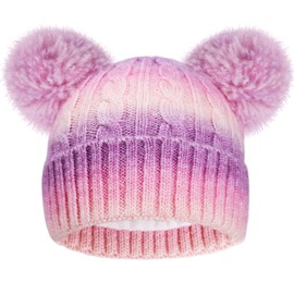 ACTLATI Kids Winter Knitted Beanie Hat Colorful Pompom Ears Ski Hat for Boy Girl(Ages 7-12)