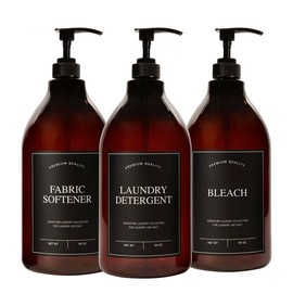Calindiana Plastic Laundry Dispenser Set – Detergent, Softener & Bleach Bottles - Color: AMBER/BLACK LABELS