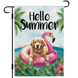 DLZDN Hello Summer Dog Garden Flag Golden Retriever Garden Flag 12×18 Inch Double Side Vertical Burlap Farmhouse Yard Flag Summer Seasonal Outdoor House Decoration
