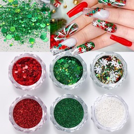 Christmas Nail Art Glitters Sequins Snowflake Chrome Powder Nail Art Decorations Glitter Green Red Nail Art Designs Christmas Winter Nail Powder Glitters Decals for Women White Snowflake Nail Art
