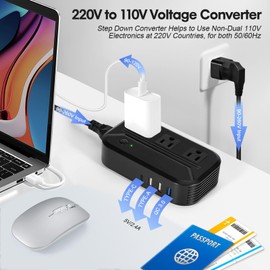 Voltage Converter 2300W Power Step Down 220V to 110V Universal Travel Adapter Power Converter Power Transformer w/ 3 AC Outlets 3 USB Ports 1 Type-C Charging for EU/UK/AU/US/IT/India/South Africa