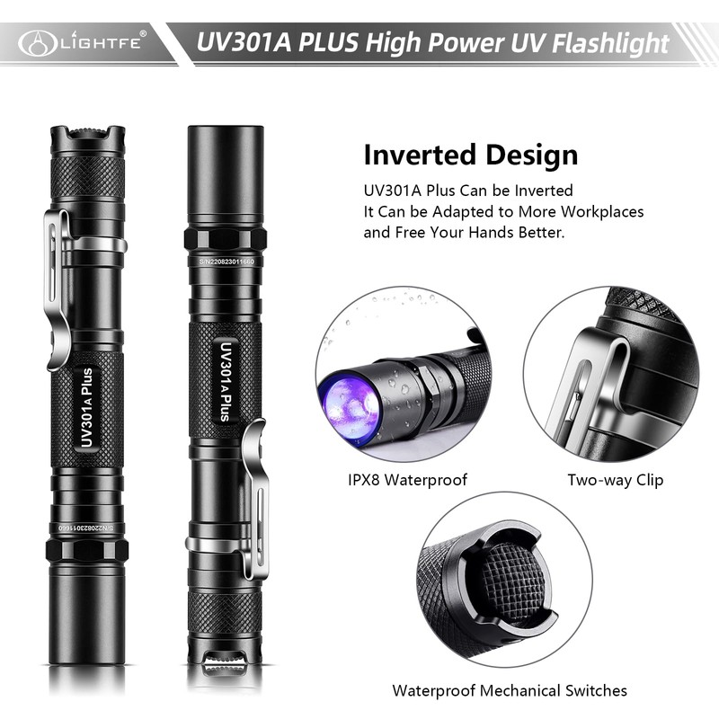 LIGHTFE Blacklight 395nm UV Flashlight UV301A-Plus with SSC UV LED,