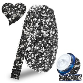 FULZTEY 3 Yards Pearls Rhinestone Ribbon Roll,Bling Black Rhinestone Strip with White Pearls for DIY Crafts,1.3 CM Wide Self Adhesive Crystal Rhinestone Trim for Car Wedding Birthday Party Decoration