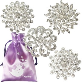 kilofly 4pc Rhinestone Wedding Crystal Floral Fashion Brooch Pin + Gift Bag