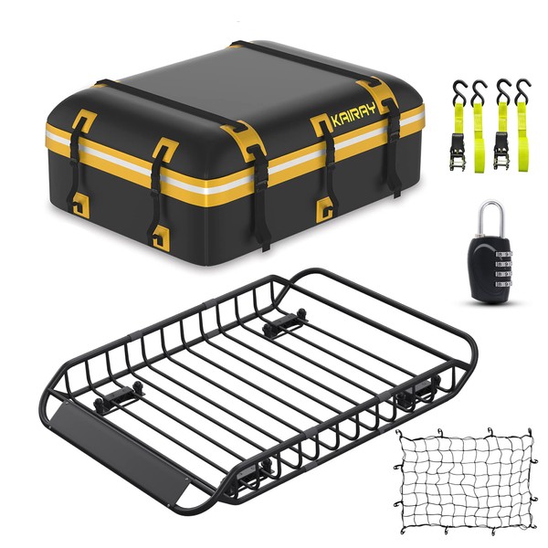 KAIRAY Roof Rack Cargo Basket 50"(L) x 36"(W) x 5.1"(H) Extendable Universal Rooftop Luggage Carrier for Truck Cars SUV with Waterproof Cargo Bag, Cargo Net, Ratchet Straps & Outdoor Combination Lock