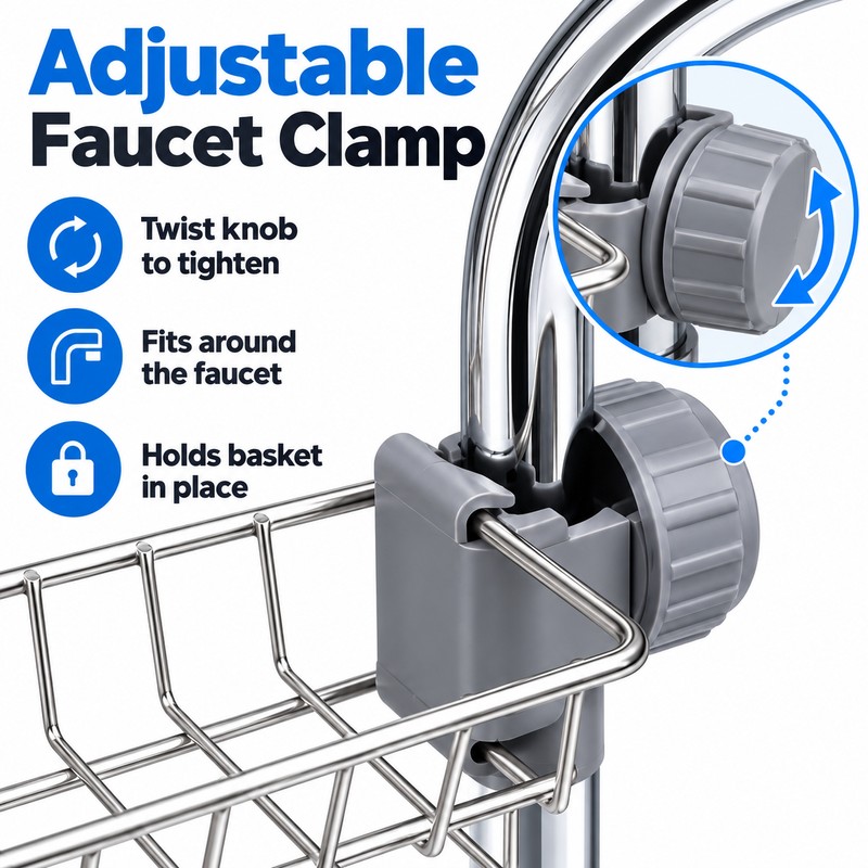 Kitchen Sink Faucet Organizer with Sponge Holder, Drain Rack and
