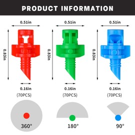 210Pcs Drip Irrigation Emitters, 3 Color Heads Irrigation Misting Sprinkler, Refraction Micro Sprayer Applicable for Lawn Water Irrigation System(90/180/360 Degrees)