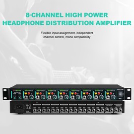 TONALUXE 8-Channel Headphone Mixing Distribution Amplifier, Mountable High-Power Headphone Splitter Amp with Mono/Stereo Modes, 16 Headphone Outs, LED Meters for Studio & Live Sound Monitoring