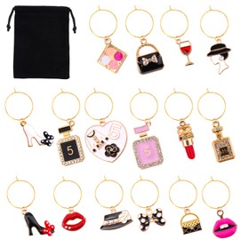 AIERSA Wine Glass Charms - 16pc Drink Markers with Gold Rings for Stem Glasses, Funny Wine Charms, Party Decorations