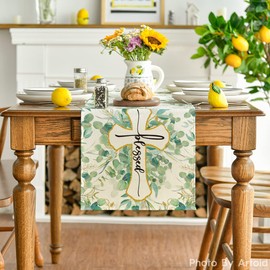Artoid Mode Blessed Cross Eucalyptus Table Runner, Spring Summer Seasonal Kitchen Dining Table Decoration for Home Party Decor 13 x 90 Inch