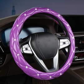 Diamond Steering Wheel Cover with Crystal Rhinestones for Car Interior Accessories Anti-Slip Faux Leather Auto Universal Fit 15 Inch (Purple)