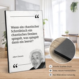 ARTFAVES® Wooden Picture with Saying "Wenn EIN chaotischer Schreibtisch/Quote Albert Einstein" Modern Wooden Sign Black and White for Decoration or as a Gift for Office / Office / Funny