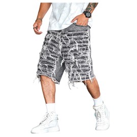 BEAUDRM Men's Y2k Ripped Distressed Baggy Jean Shorts Frayed Hem Straight Leg Denim Shorts Hip Hop Jorts Streetwear Grey X-Large