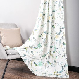 Leeva 2 Panels Green Print Curtains for Dining Room, Elegant Birds Garden Pattern Grommet Top Linen Window Curtain Panel for Sliding Patio Door, 52x63