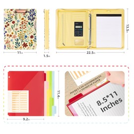 Ospelelf Leather Clipboard Binder with Storage - 3 Ring Zippered Padfolio Portfolio Folder - Calculator, 12.1” Tablet Sleeve, 5 Dividers with Pocket, Refillable Notepad, Card Slot (Floral)