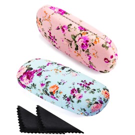 2 Pieces Glasses Case Hard Shell Eyeglass Case for Women Flower Fabrics Floral Retro Portable Eye Glass Case Box for Glasses (Pink, Blue)
