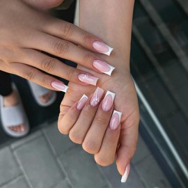White French Tip False Nails Long Square, SXVME White French Tip Press on Nails Long Medium with Floral Design Pink Fake Nails Coffin Natural Glue on Nails Acrylic Stick on Nails for Women Nail Art