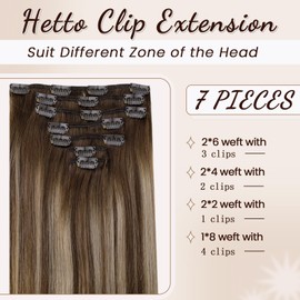 Hetto Clip in Hair Extensions Human Hair Balayage Brown to Strawberry Blonde Clip in Human Hair Extensions 18 Inch Clip in Extensions Real Human Hair Ombre Brown 7pcs 120g #4/27/4