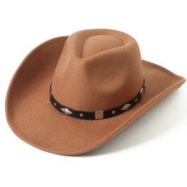 Lanzom Women Men Classic Felt Wide Brim Western Cowboy Cowgirl Hat with Belt Buckle (Khaki, Large)
