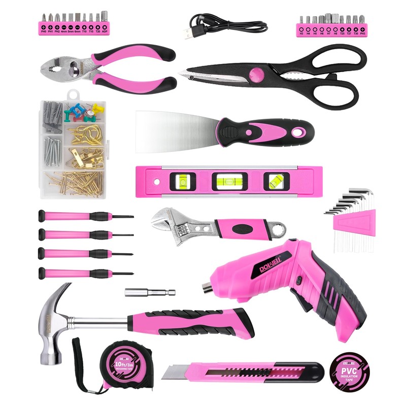143 Pcs Pink Homeowner Tool Set with 3.6V Cordless Screwdriver