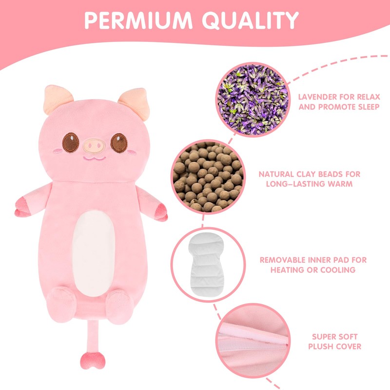 Cute Heating Pad Microwavable Stuffed Animals, Pink Pig 1.4lb Removable