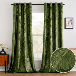MIULEE Luxury Velvet Curtains 96 Inches Long 2 Panels, Leaf Patterned Gold Foil Printed Curtains for Bedroom Living Room Soft Room Darkening Thermal Insulated Grommet Window Drapes, Olive Green
