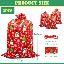3Pcs Christmas Sacks Extra Large with Tags&Rope,36x56Inch Wrapping Bags for Huge Gift,Jumbo Sacks for Christmas Pressies,Xmas Giant Gift Bags for Presents,Oversized Toy Wrapping Sack for Party Favors